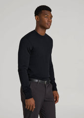 Merino Wool Crewneck Tip Sweater for Tall Men in Black