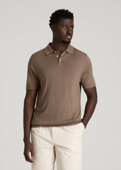 Linen Blend Knit Polo for Tall Men in Warm Brown