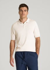 Linen Blend Knit Polo for Tall Men in White Sand