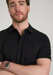 Slub Knit Polo with Pocket for Tall Men in Black