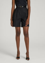 Stretch Cotton Linen Blend Pleated Shorts for Tall Women in Black