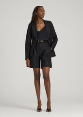 Stretch Cotton Linen Blend Pleated Shorts for Tall Women in Black