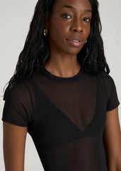 Power Mesh Fitted Short Sleeve Mini Dress for Tall Women in Deep Black