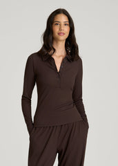 Ribbed Knit Long Sleeve Polo for Tall Women in Espresso