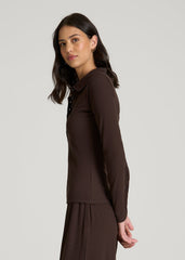 Ribbed Knit Long Sleeve Polo for Tall Women in Espresso