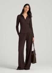 Ribbed Knit Long Sleeve Polo for Tall Women in Espresso
