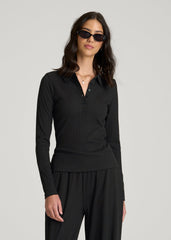 Ribbed Knit Long Sleeve Polo for Tall Women in Deep Black