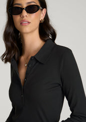 Ribbed Knit Long Sleeve Polo for Tall Women in Deep Black
