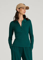 Ribbed Knit Long Sleeve Polo for Tall Women in Deep Teal