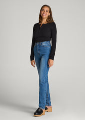 Long Sleeve Ribbed Crewneck Henley Shirt for Tall Women in Black
