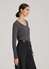 Long Sleeve Scoop V-Neck Tee Shirt for Tall Women in Charcoal