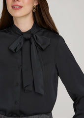 Satin Blouse With Bow for Tall Women in Black