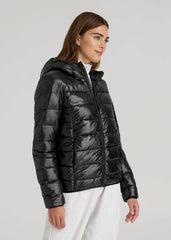Packable Short Puffer Jacket for Tall Women in Glossy Black