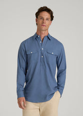 Linen Popover Shirt for Tall Men in Deep Cobalt