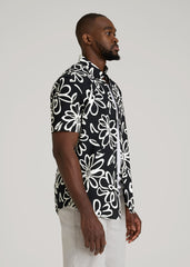 Seersucker Short Sleeve Shirt for Tall Men in Black and White Floral