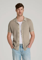 Short Sleeve Crochet Polo Cardigan for Tall Men in Light Khaki