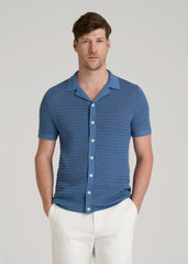 Short Sleeve Crochet Polo Cardigan for Tall Men in Deep Cobalt