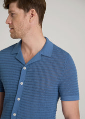 Short Sleeve Crochet Polo Cardigan for Tall Men in Deep Cobalt