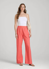 Pull On Wide Leg Linen Pants for Tall Women in Sunset Coral