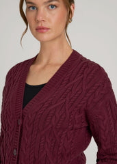 Relaxed Cotton Cable Knit Cardigan for Tall Women in Tawny Port