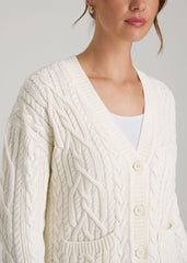 Relaxed Cotton Cable Knit Cardigan for Tall Women in Ecru