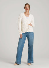 Relaxed Cotton Cable Knit Cardigan for Tall Women in Ecru