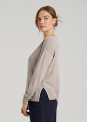 Linen Blend Split Hem V-Neck Sweater for Tall Women in Atmosphere