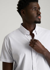 Short Sleeve Traveler Stretch Button Shirt for Tall Men in White