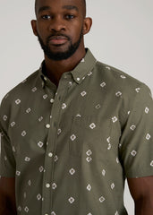 Seersucker Short Sleeve Shirt for Tall Men in Olive and Beige Floral