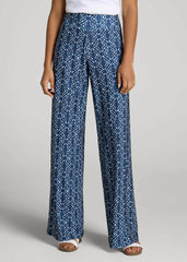 Pull-On Breezy Wide Leg Pants for Tall Women in Indigo Tribal Print