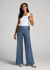 Pull-On Breezy Wide Leg Pants for Tall Women in Indigo Tribal Print