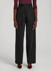 Pleated Wide Leg Chino With Belt for Tall Women in Deep Black