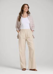 Pull On Wide Leg Linen Pants for Tall Women in Light Stone