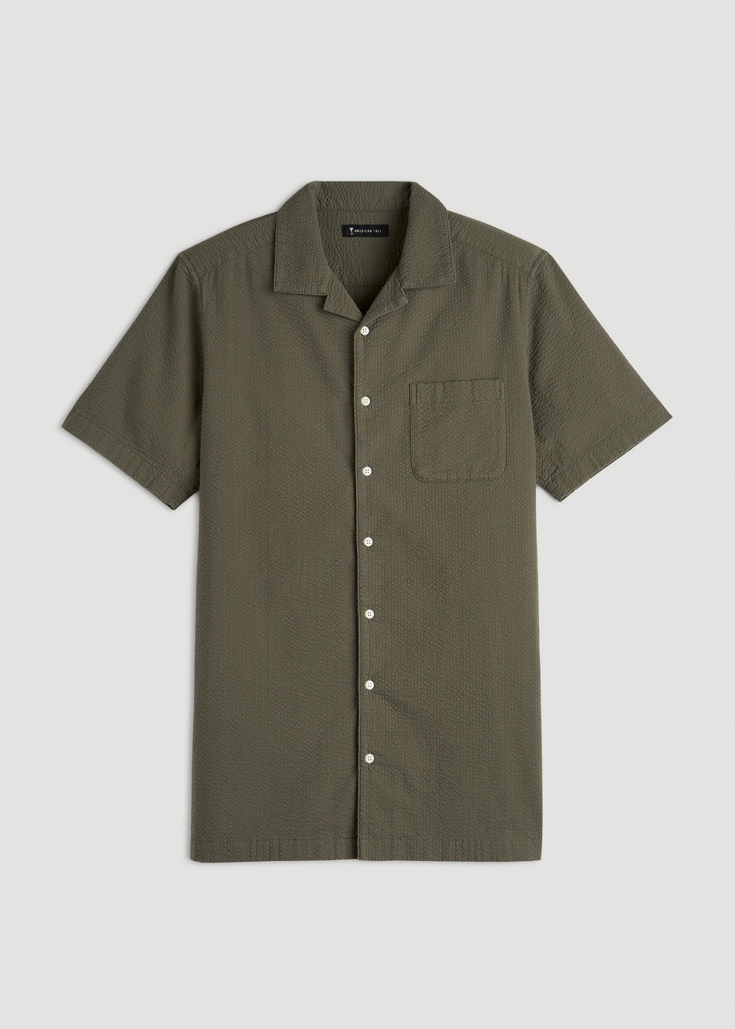 Seersucker Camp Collar Short Sleeve Shirt for Tall Men in Olive