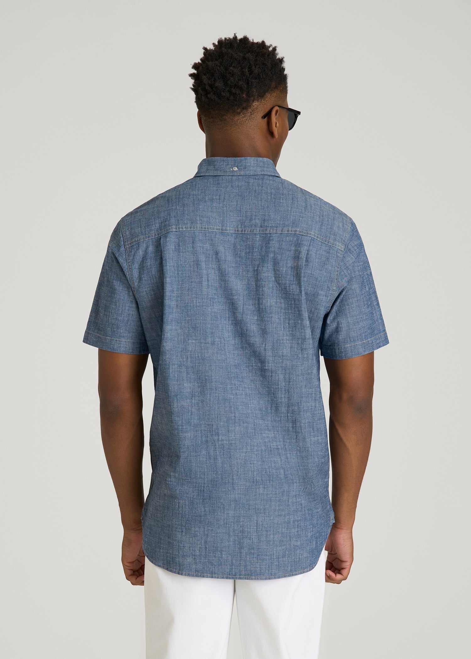 Short Sleeve Chambray Shirt for Tall Men in Mid Blue Chambray
