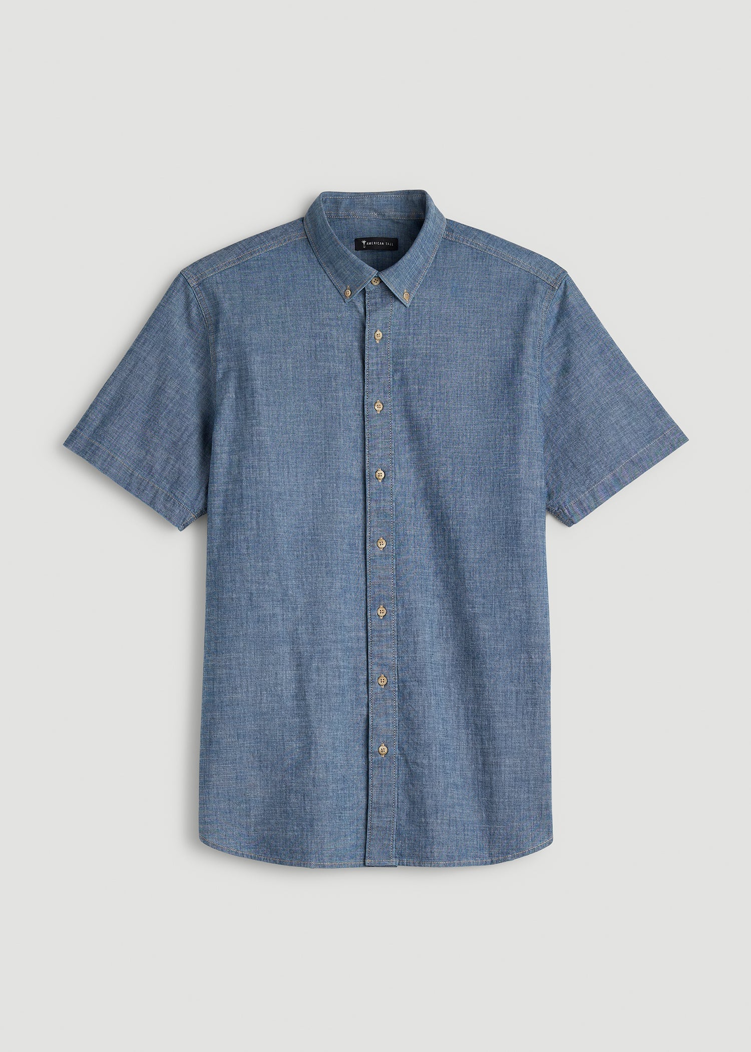 Short Sleeve Chambray Shirt for Tall Men in Mid Blue Chambray