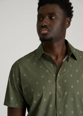 Short Sleeve Traveler Stretch Button Shirt for Tall Men in Olive Mini Paisley