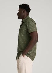 Short Sleeve Traveler Stretch Button Shirt for Tall Men in Olive Mini Paisley