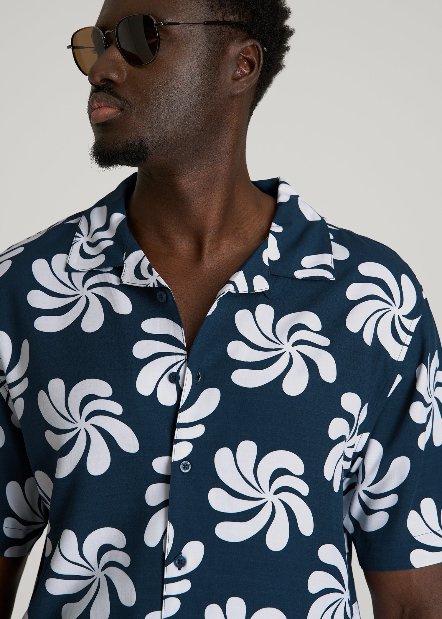 Short Sleeve Resort Shirt for Tall Men in Navy Fantasy Floral