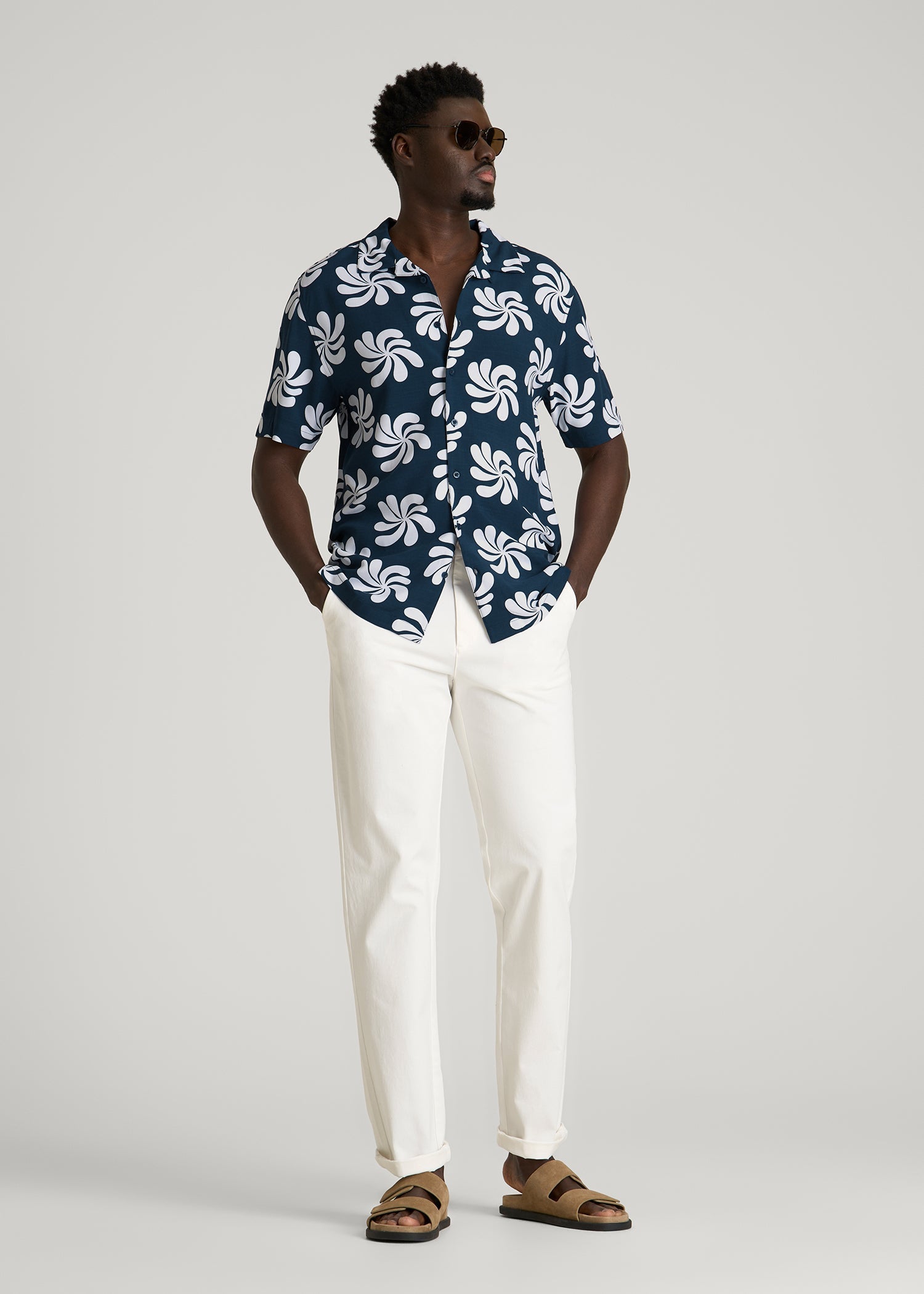 Short Sleeve Resort Shirt for Tall Men in Navy Fantasy Floral