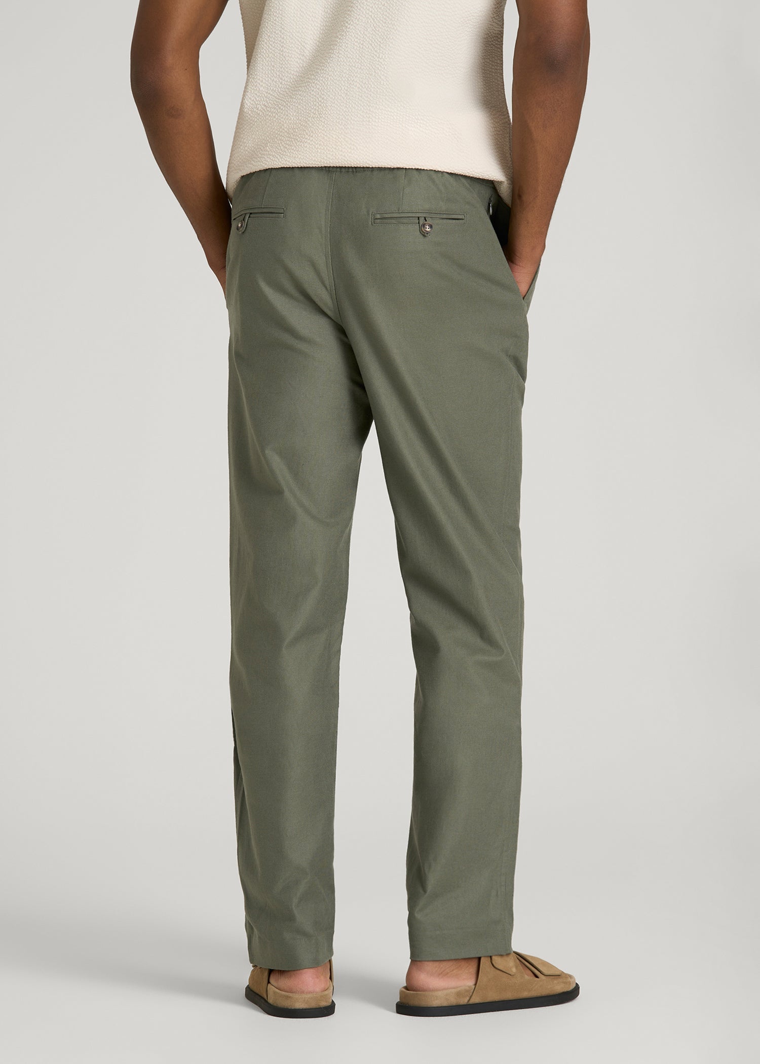 Stretch Cotton Linen Blend Pull-On Pants for Tall Men in Olive