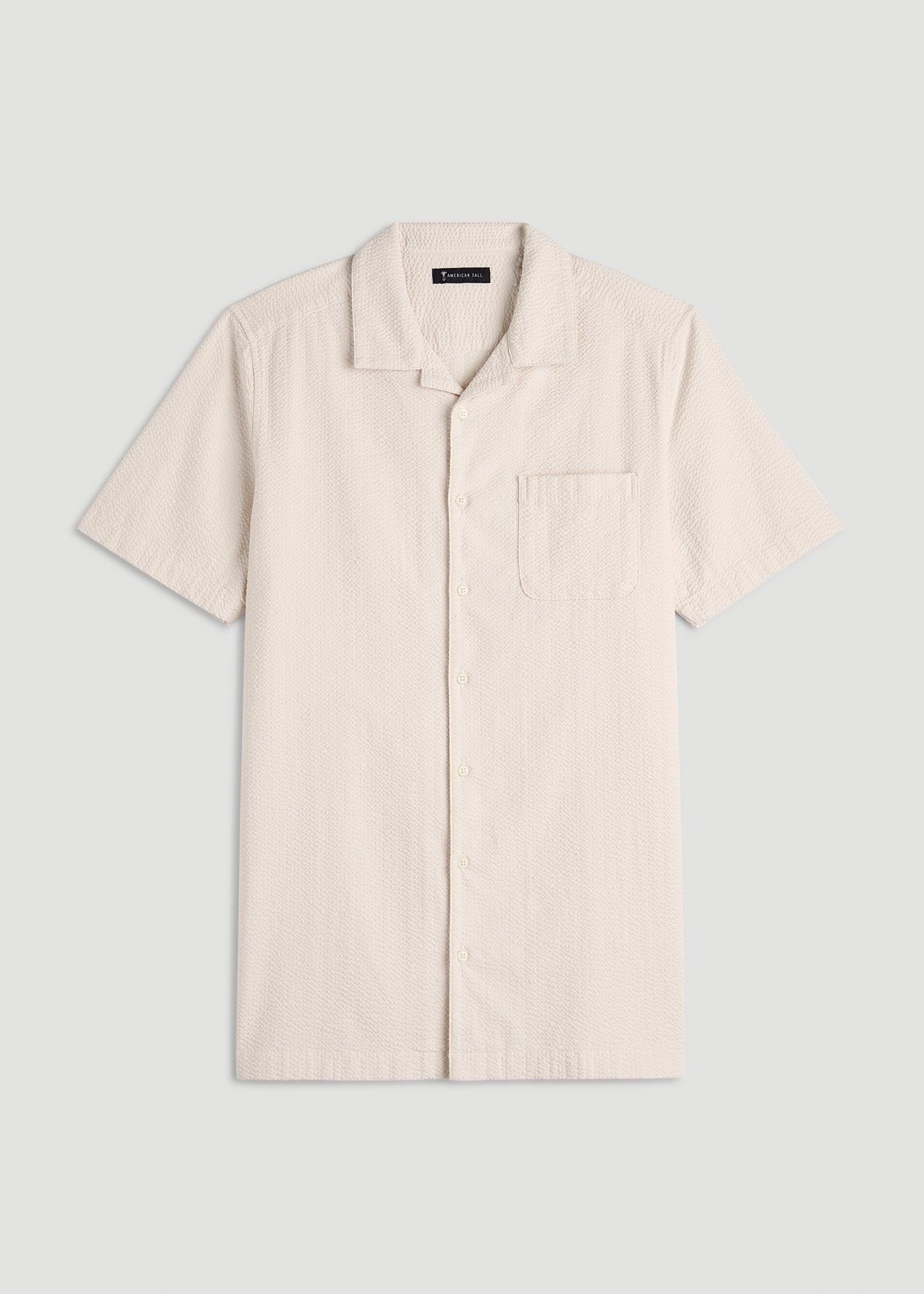 Seersucker Camp Collar Short Sleeve Shirt for Tall Men in White Sand