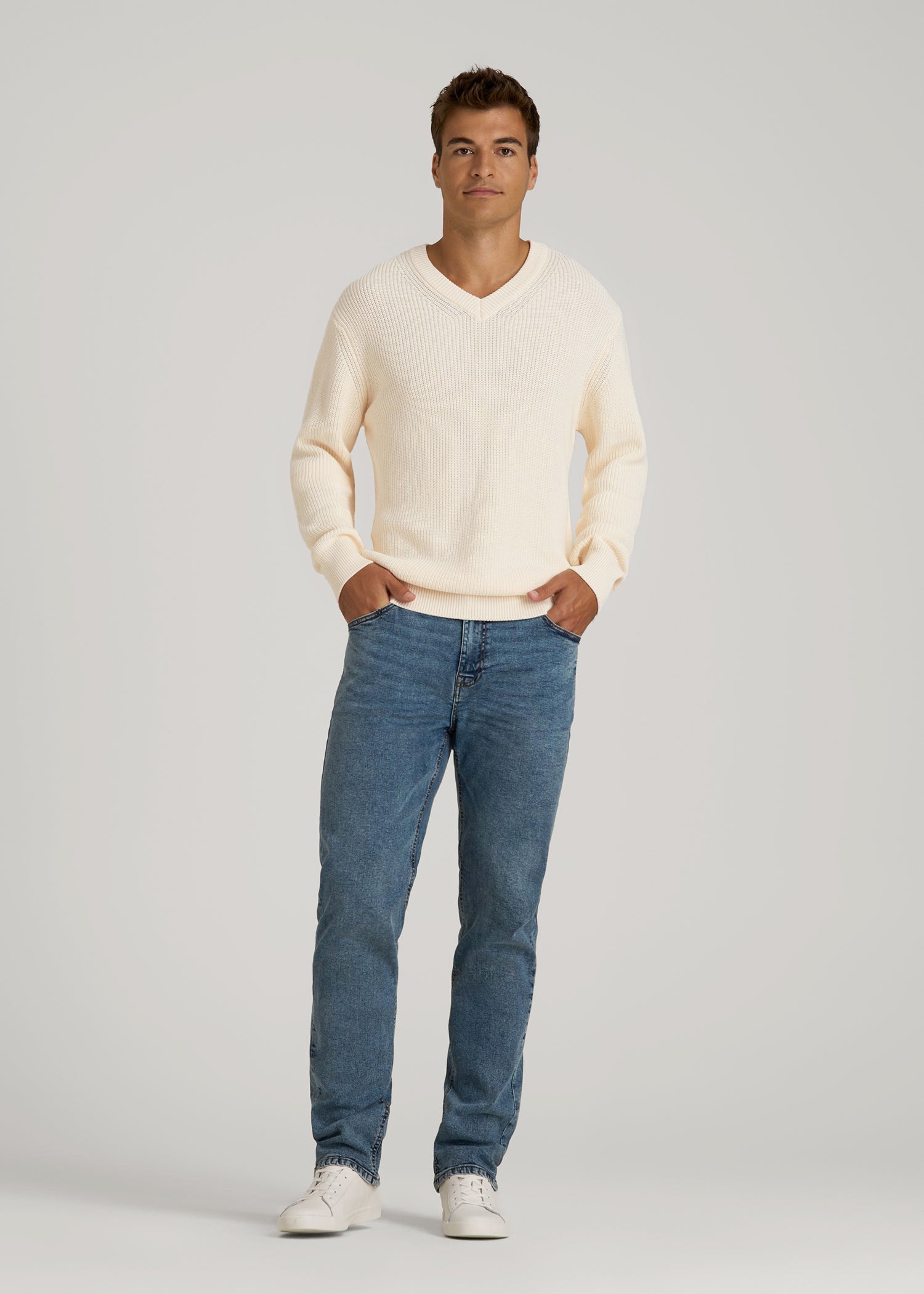 Ribbed Knit V-Neck Sweater for Tall Men in Natural