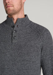 Three-Button Mock Neck Sweater for Tall Men in Grey Marl