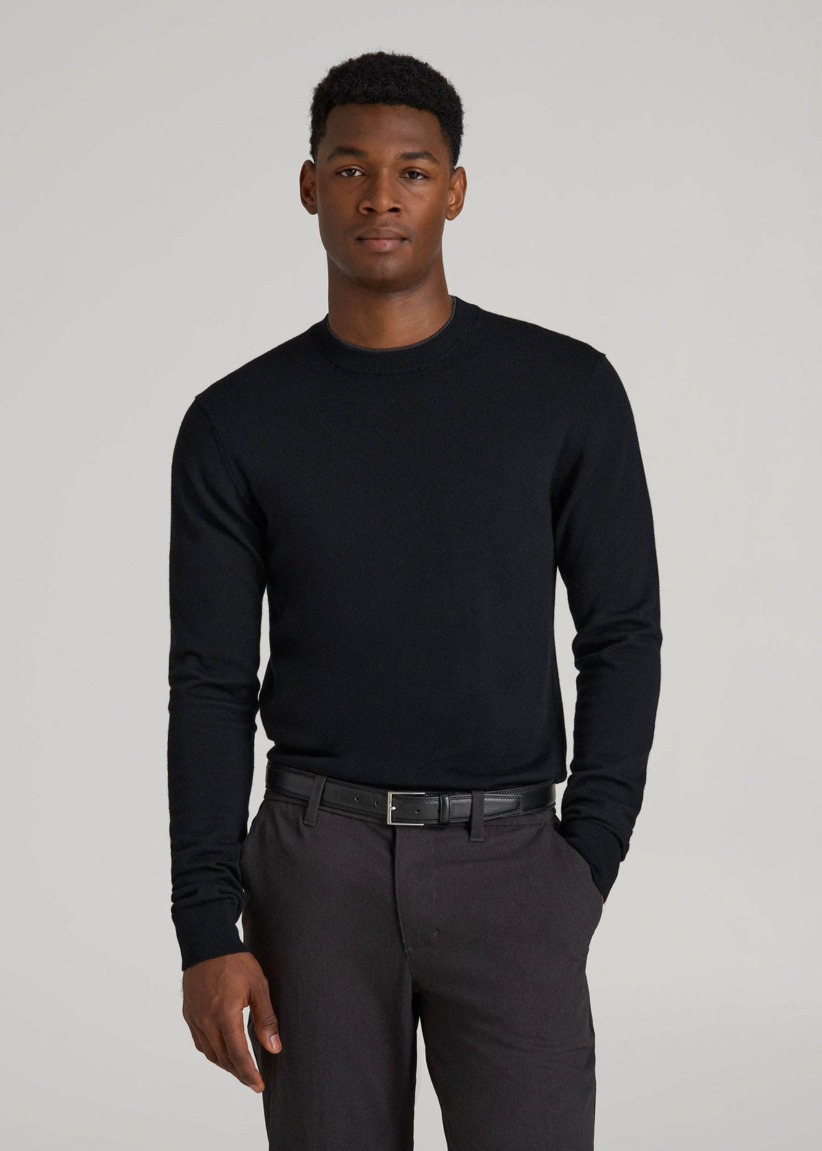Merino Wool Crewneck Tip Sweater for Tall Men in Black