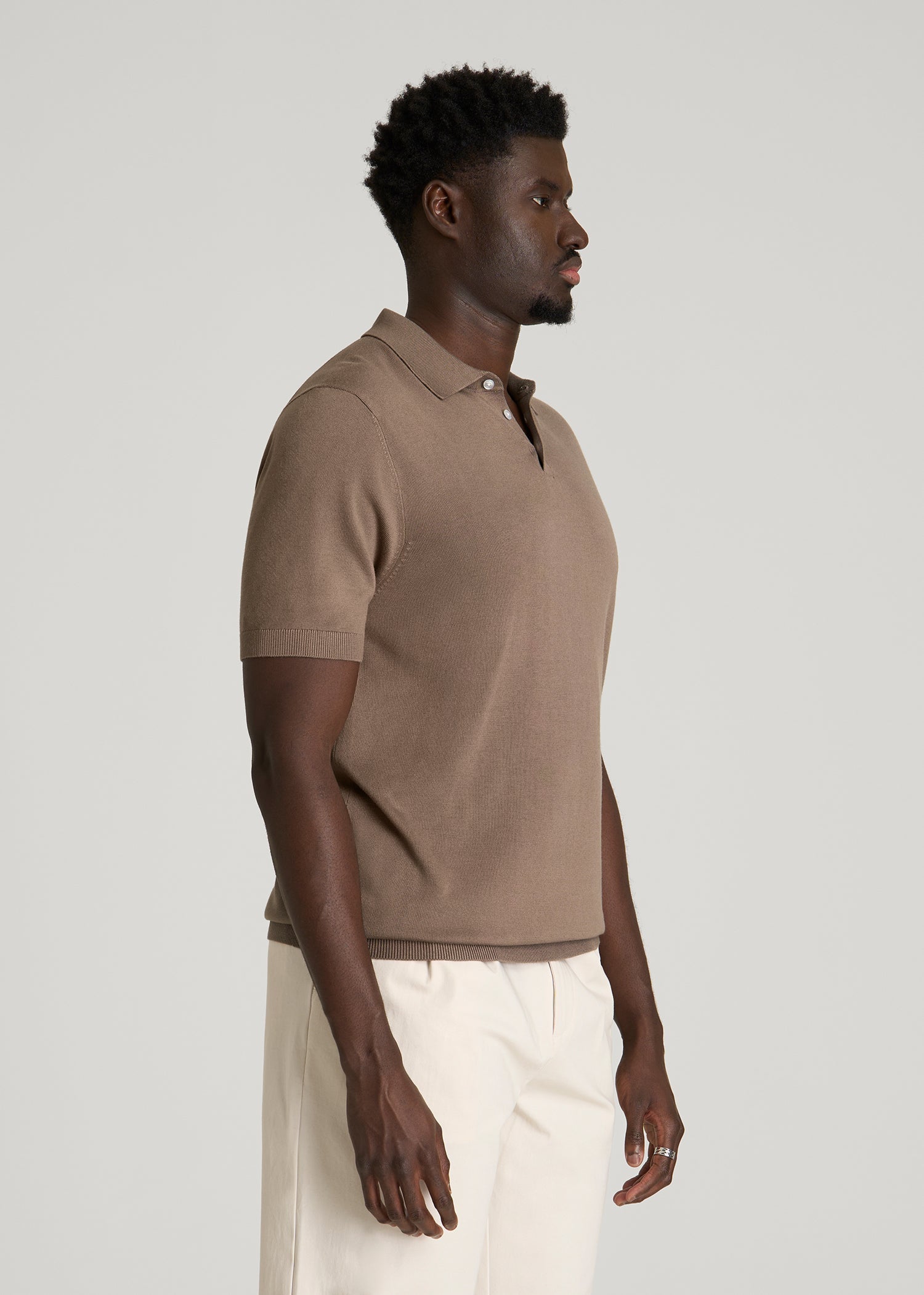 Linen Blend Knit Polo for Tall Men in Warm Brown