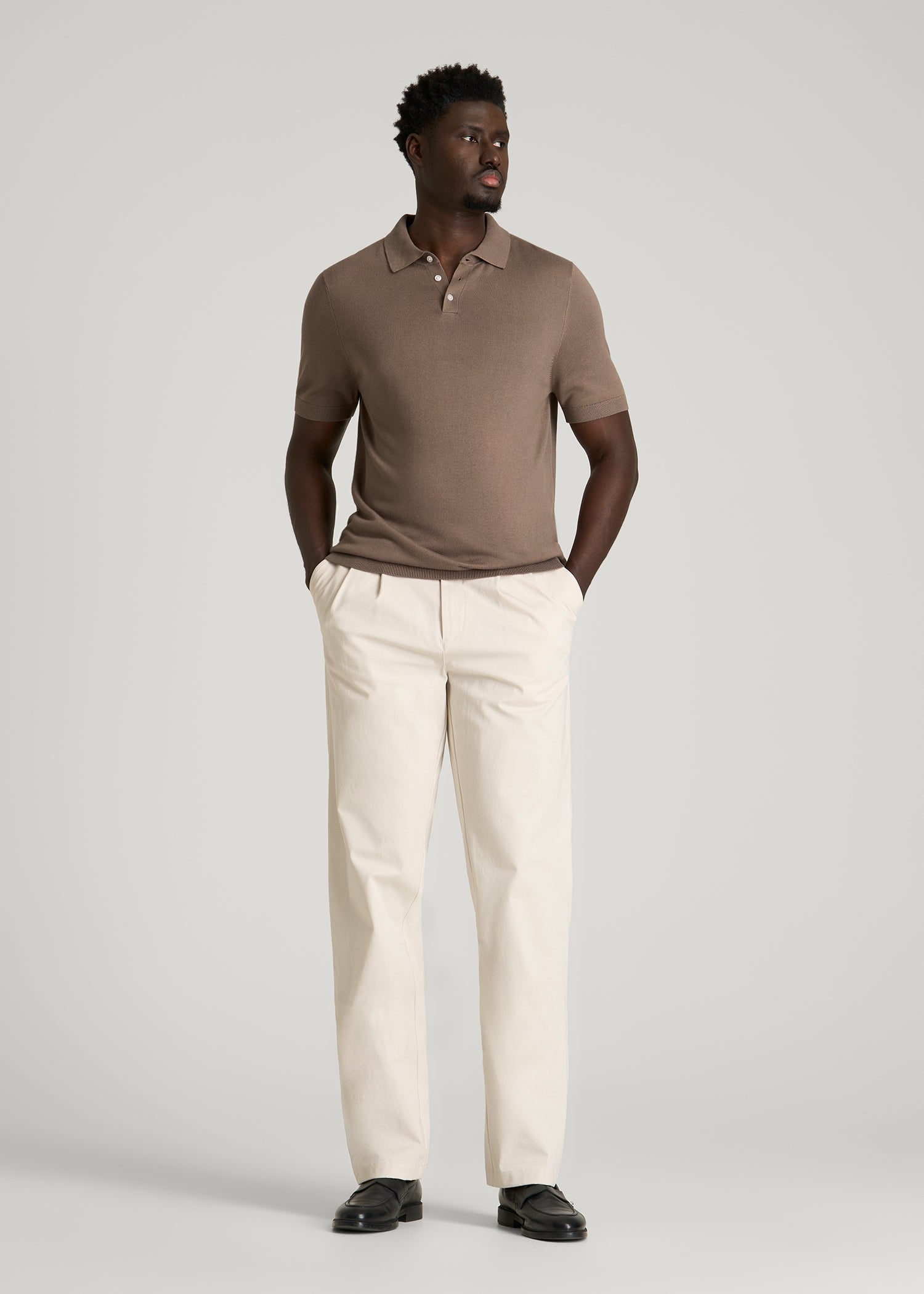 Linen Blend Knit Polo for Tall Men in Warm Brown