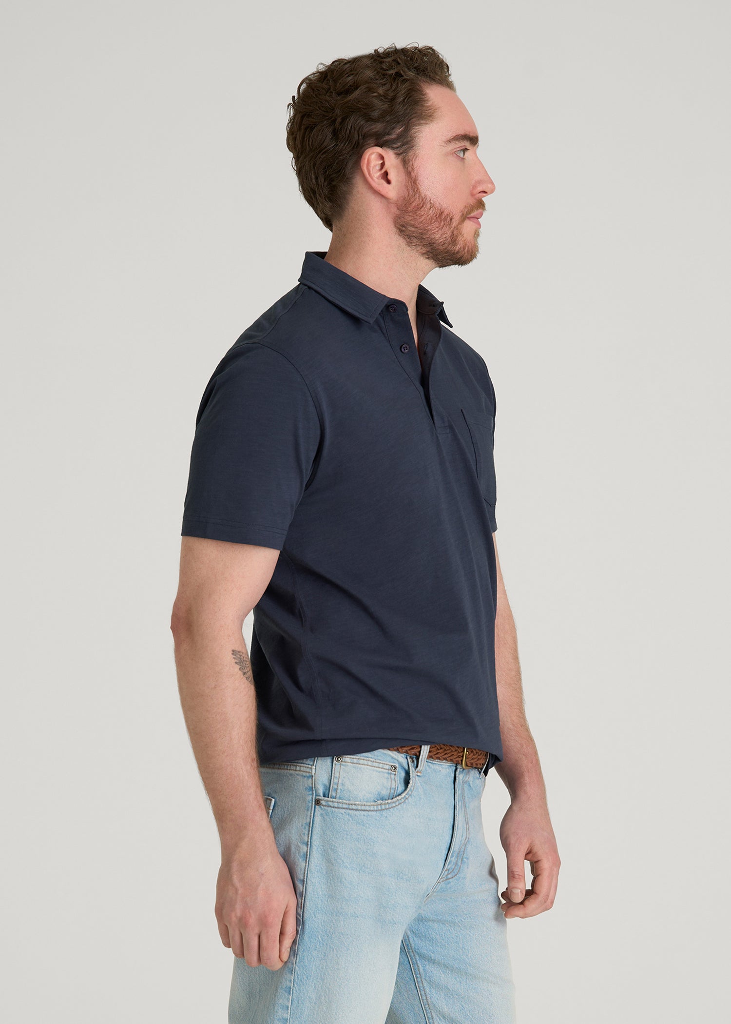 Slub Knit Polo with Pocket for Tall Men in Navy