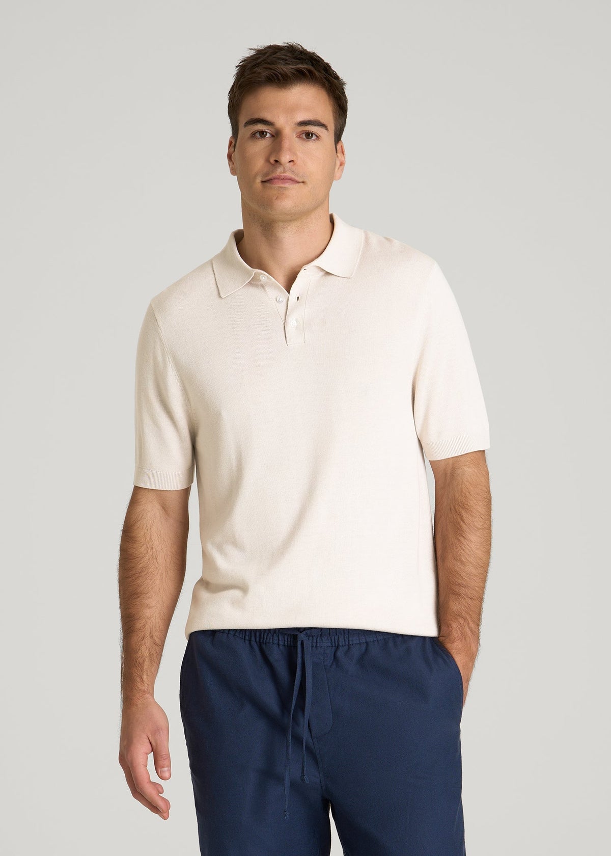 Linen Blend Knit Polo for Tall Men in White Sand