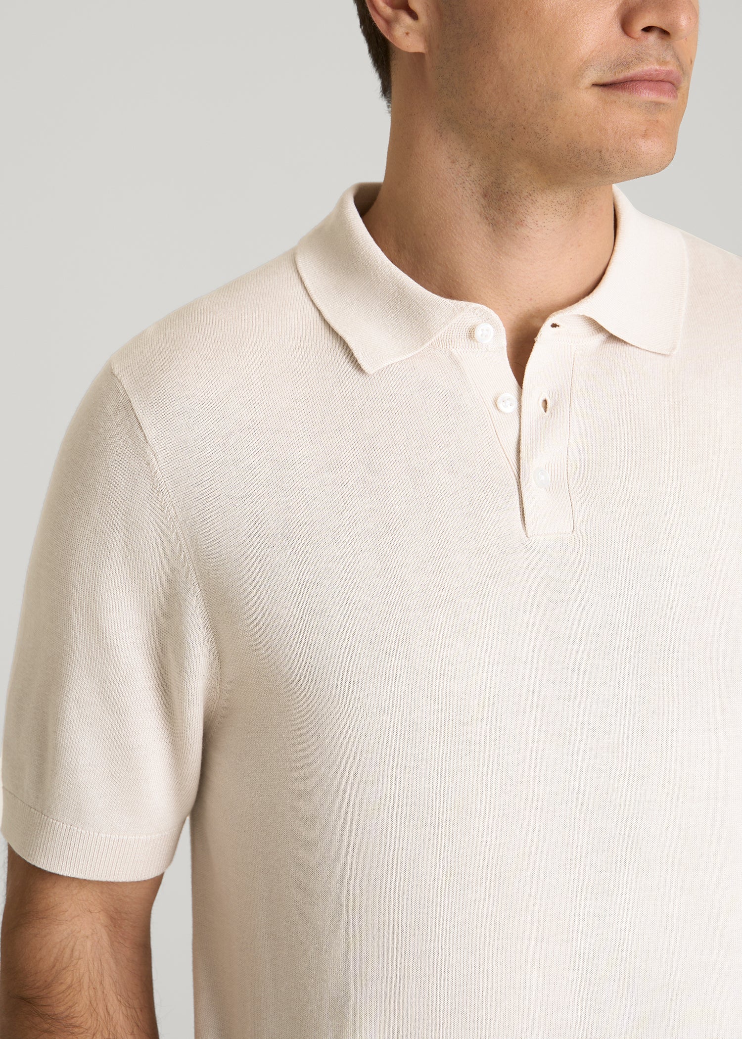 Linen Blend Knit Polo for Tall Men in White Sand